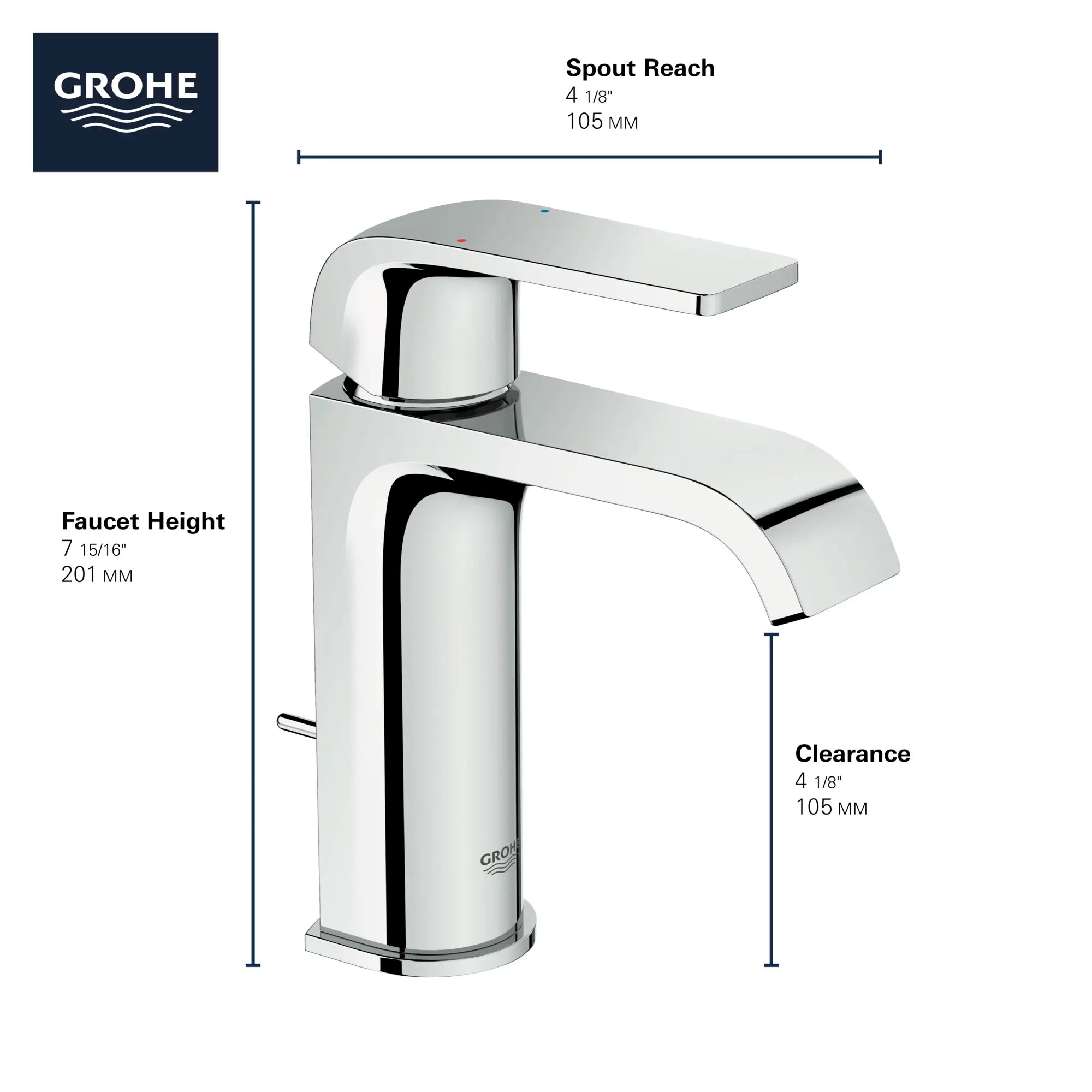Single Hole Single-Handle S-Size Bathroom Faucet, 1.2 GPM (4.5 L/min) // GROHE STARLIGHT CHROME // 68601_GROHE_Info_Defined_23868000_OHM_L-size_F_0_CDNwebp.webp