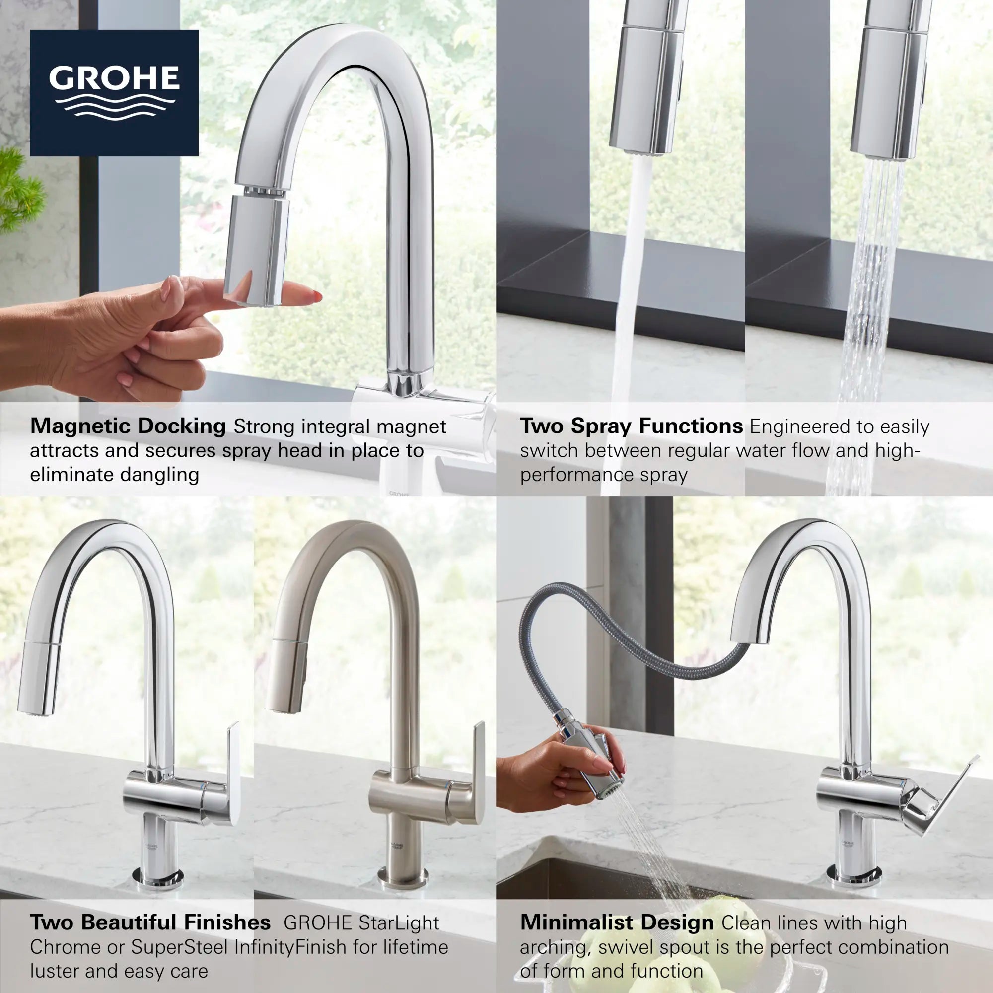 Single-Handle Pull Down Kitchen Faucet Dual Spray 1.75 GPM (6.6 L/min) // GROHE STARLIGHT CHROME // 68611_GROHE_Info_Defined_Kitchen_30377_30378_F1_0_CDNwebp.webp