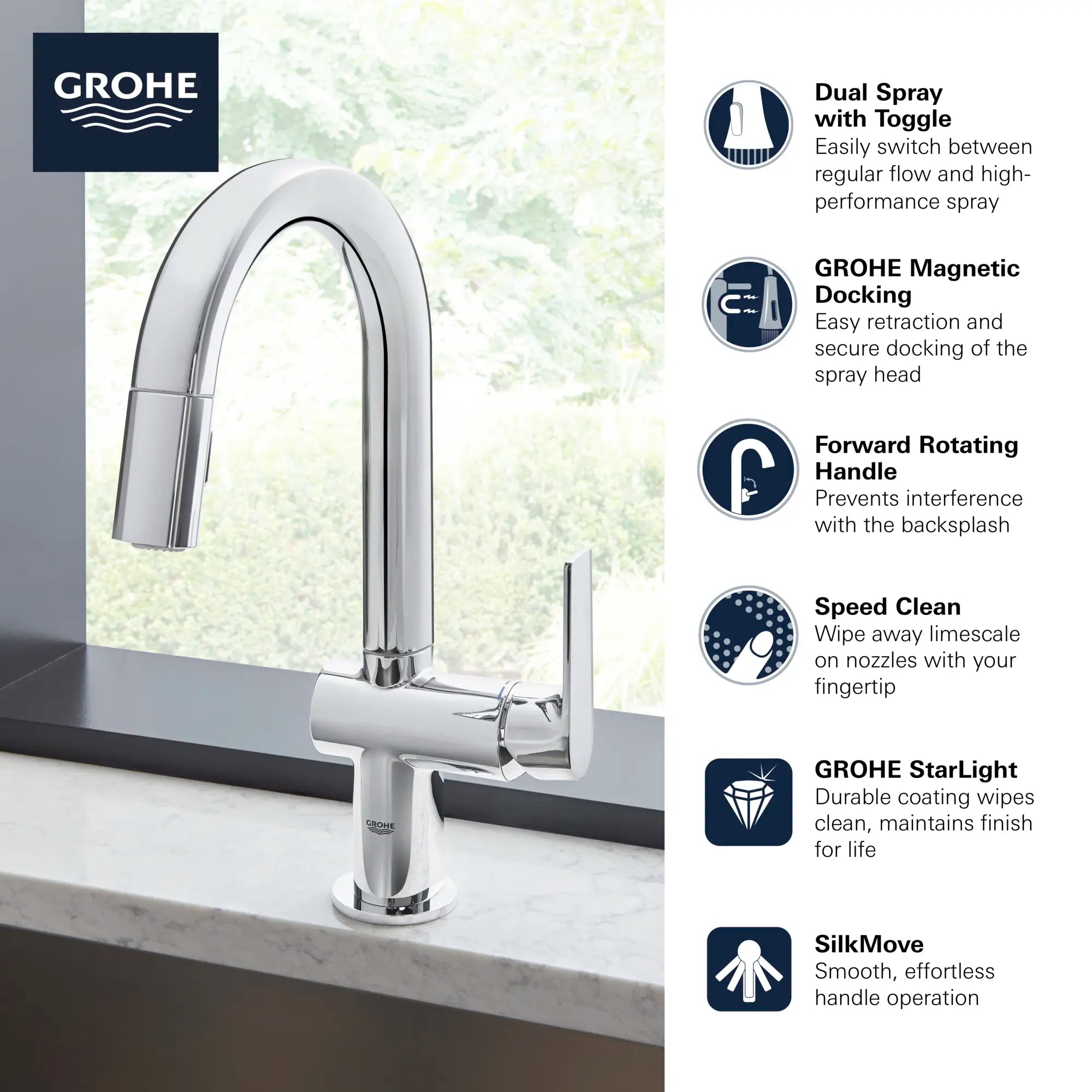 Single-Handle Pull Down Kitchen Faucet Dual Spray 1.75 GPM (6.6 L/min) // GROHE STARLIGHT CHROME // 68613_GROHE_Info_Defined_Kitchen_30377_F1_0_CDNwebp.webp