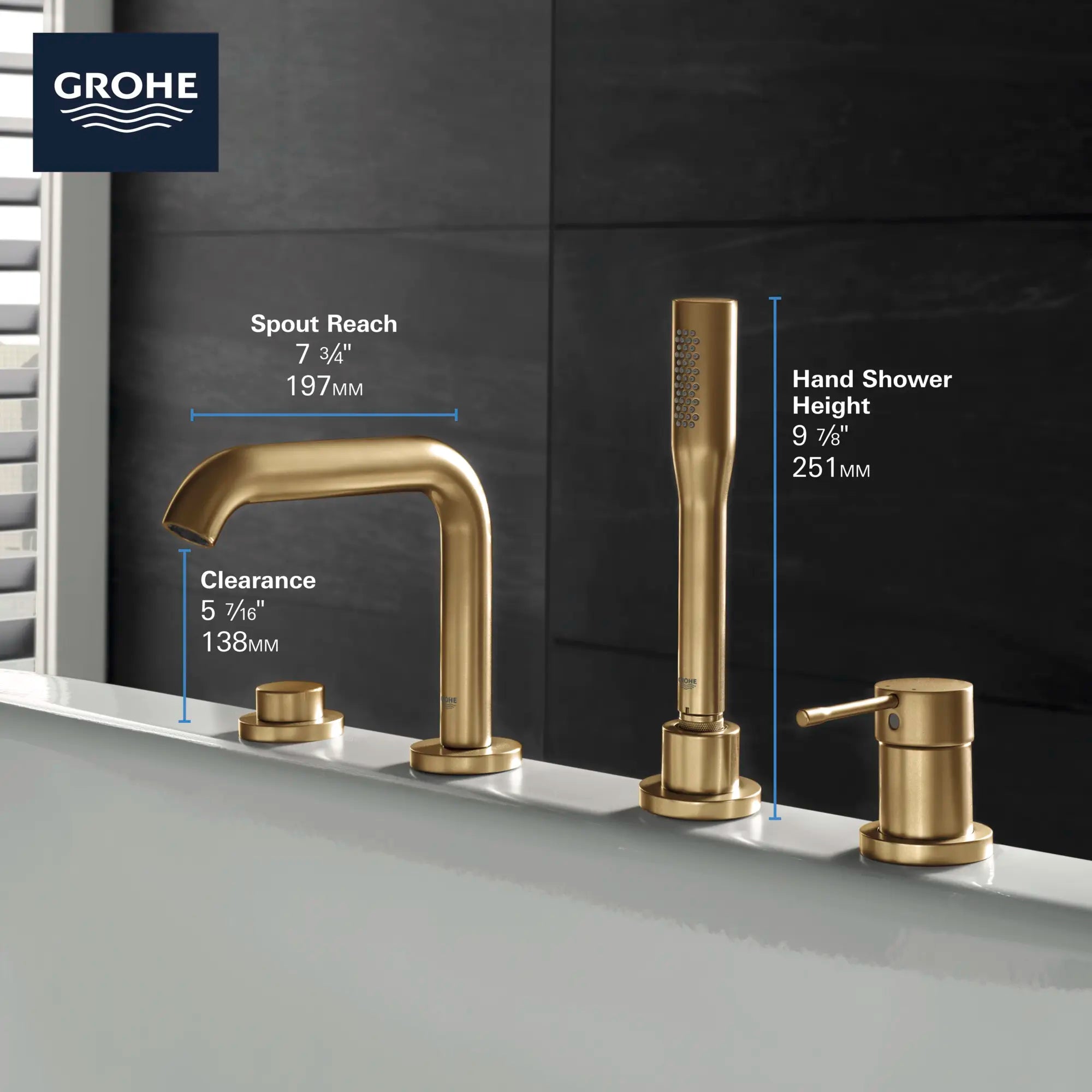 4-Hole Single-Handle Deck Mount Roman Tub Faucet with 1.75 GPM (6.6 L/min) Hand Shower // GROHE STARLIGHT CHROME // 68680_GROHE_Infographics_Essence_Bath_Showers_19578_F1_0_CDNwebp.webp