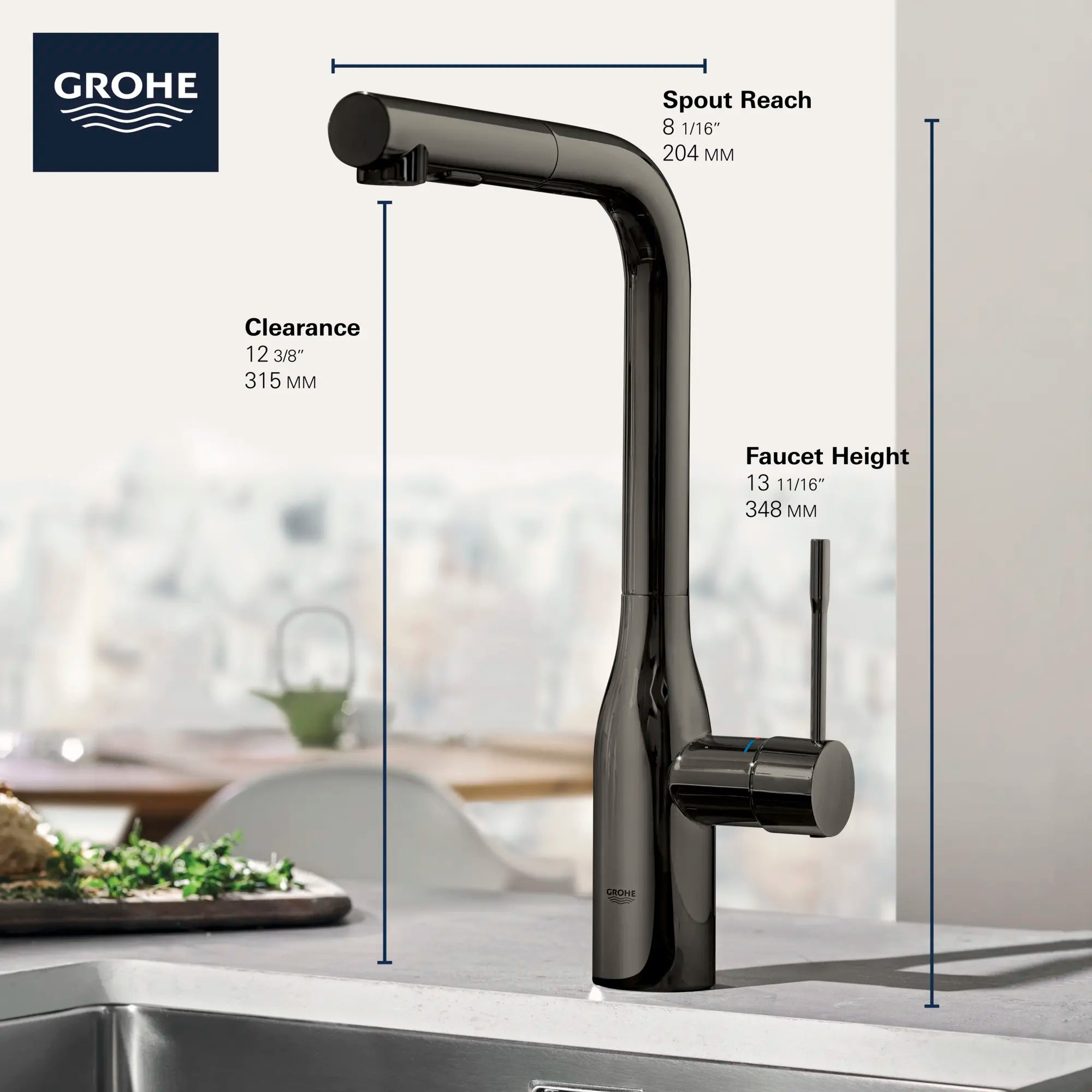 Essence Single-Handle Pull-Out Kitchen Faucet Dual Spray 1.75 GPM (6.6 L/min) // GROHE STARLIGHT CHROME // 68710_GROHE_Infographics_EssenceNew_Kitchen_30271_F2_0_CDNwebp.webp