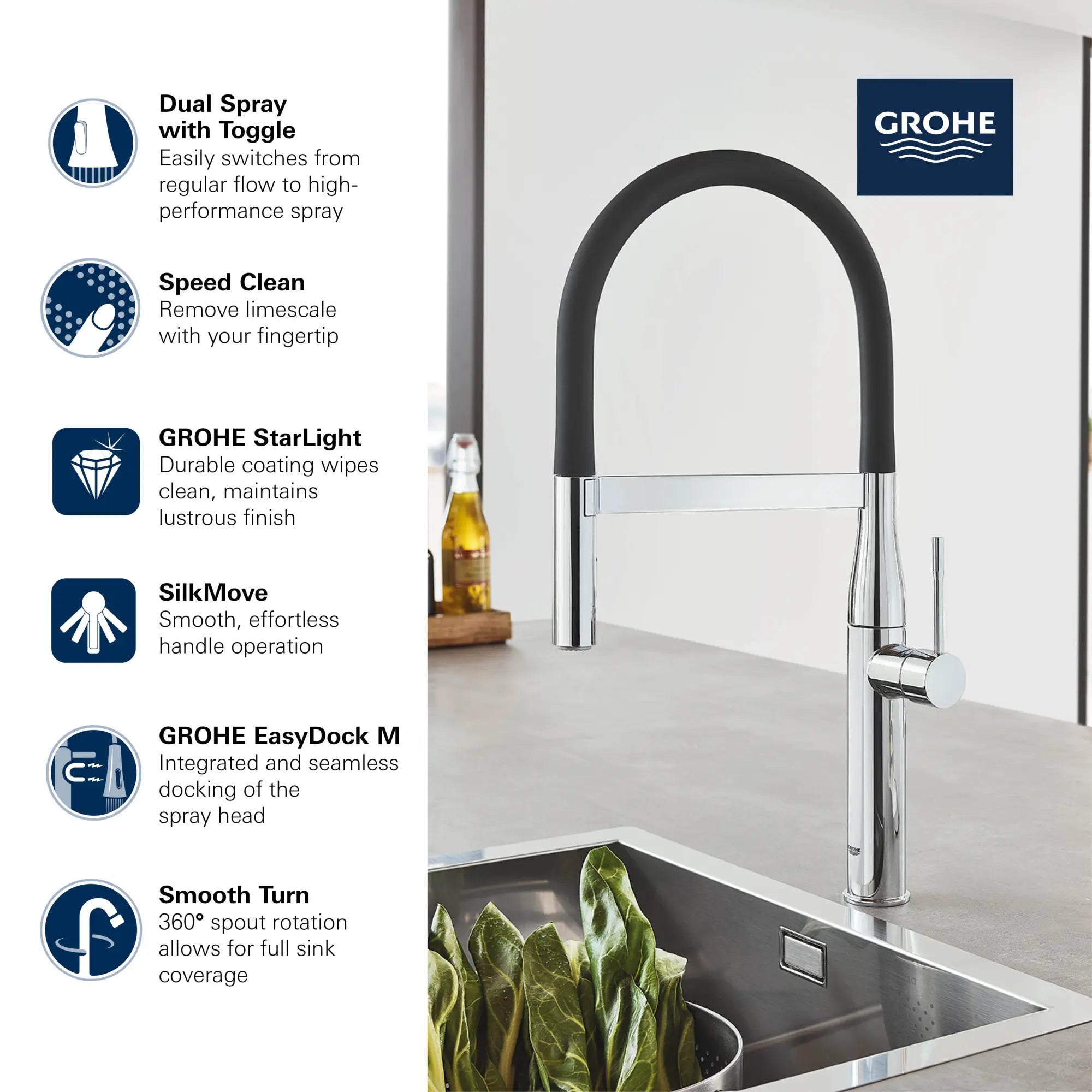Essence Single-Handle Semi-Pro Dual Spray Kitchen Faucet 1.75 GPM (6.6 L/min) // GROHE STARLIGHT CHROME // 68723_GROHE_Infographics_30295_0_EssenceSemi-Pro_Kitchen_1_0_CDNwebp.webp