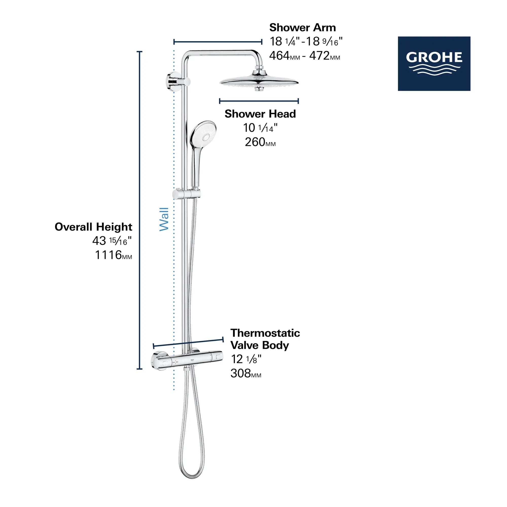 260 CoolTouch Thermostatic Shower System, 1.75 gpm (6.6 L/min) // GROHE STARLIGHT CHROME // 68738_GROHE_Euphoria_Shower_26128_2_Infographics_2_0_CDNwebp.webp