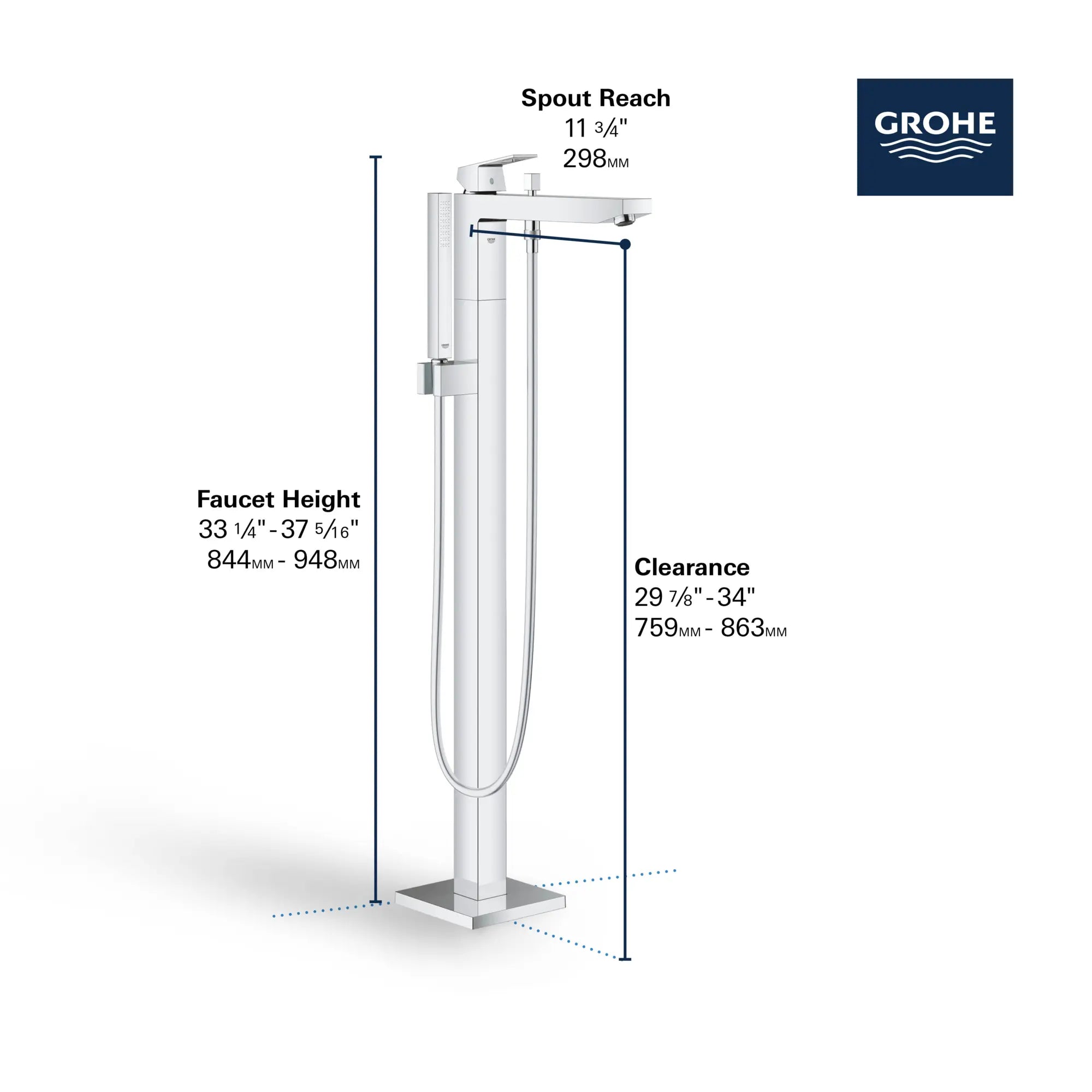 Single-Handle Freestanding Tub Faucet with 1.75 GPM (6.6 L/min) Hand Shower // GROHE STARLIGHT CHROME // 68785_GROHE_Eurocube_Bath_FST_Tub_Filler_23672_1_Infographics_2_0_CDNwebp.webp