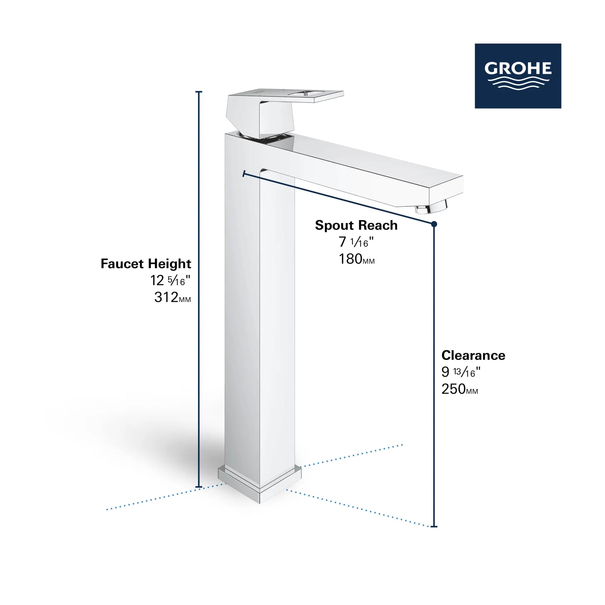 Single Hole Single-Handle Deck Mount Vessel Sink Faucet, 1.2 GPM (4.5 L/min) // GROHE STARLIGHT CHROME // 68798_GROHE_Eurocube_Bath_Vessel_23671_0_Infographics_2_0_CDNwebp.webp