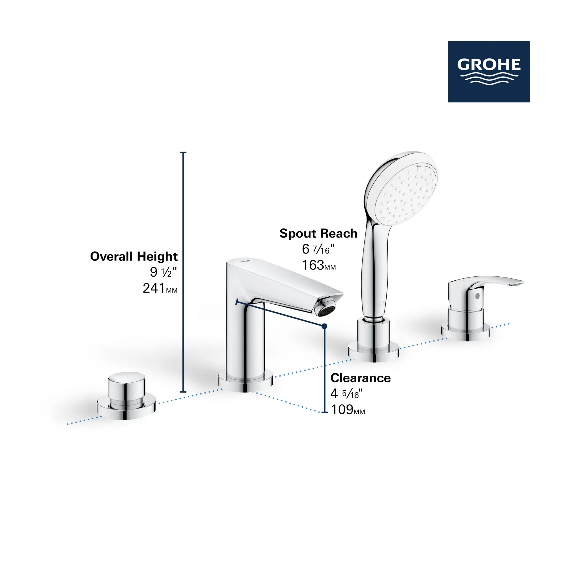 4-Hole Single Handle Deck Mount Roman Tub Faucet with 1.75 GPM (6.6 L/min) Hand Shower // GROHE STARLIGHT CHROME // 68863_GROHE_Eurosmart_Bath_Tub_Filler_25245_3_Infographics_2_0_CDNwebp.webp