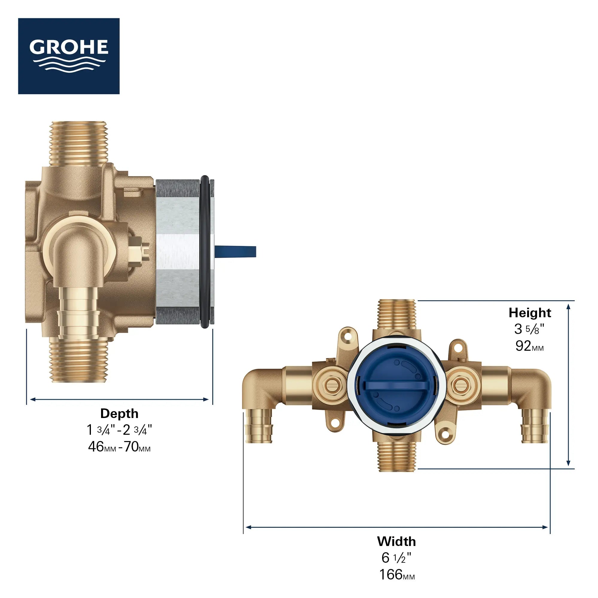 Pressure Balance Rough-In Valve 1?2" PEX Cold Expansion (ASTM F1960) Elbow Inlets // NO FINISH // 68905_GROHE_GrohSafe_3.0_35116000_Infographic_2_0_CDNwebp.webp
