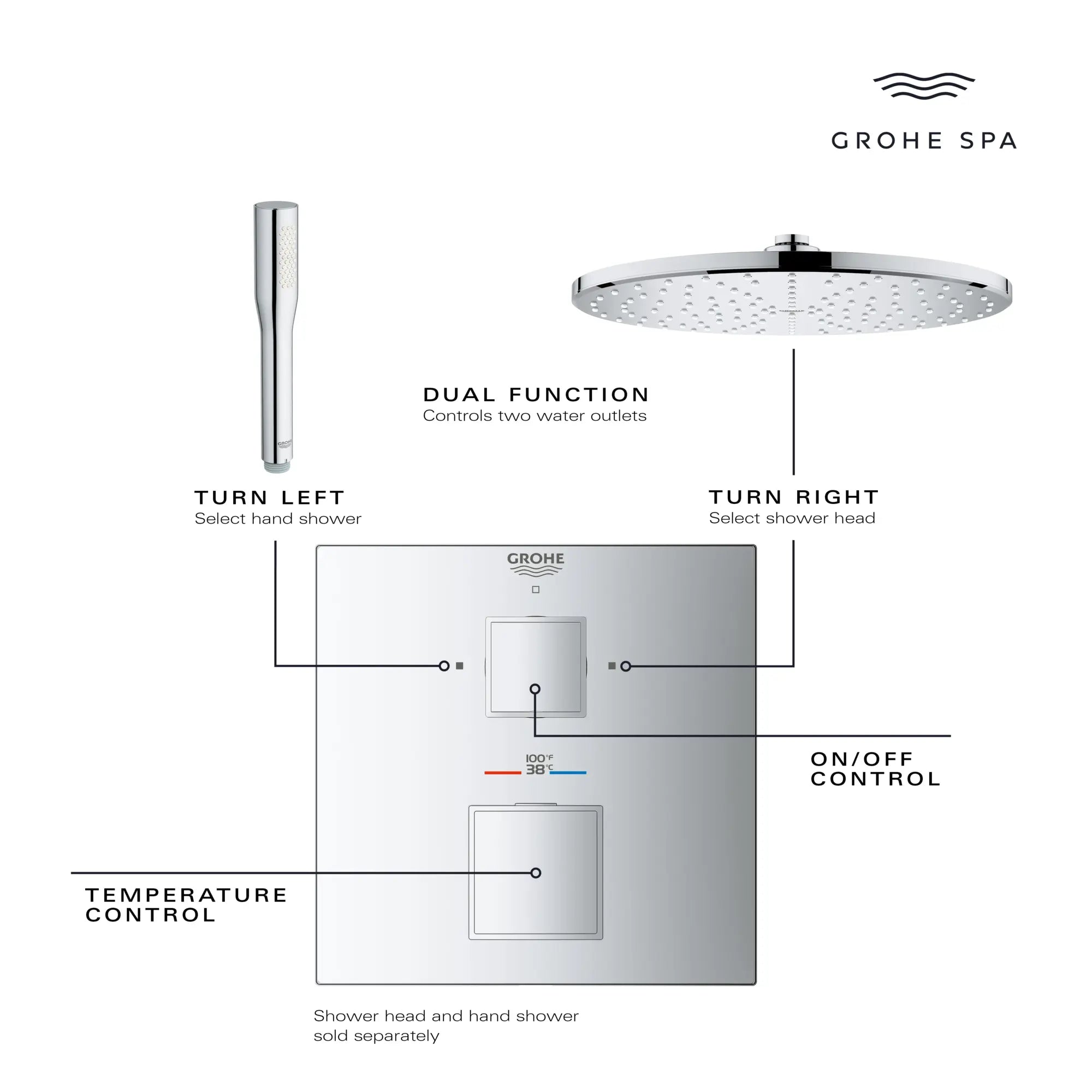 Grohtherm Cube Dual Function 2-Handle Thermostatic Valve Trim // GROHE STARLIGHT CHROME // 68964_GrohTherm_Infographic_24158_0002_APR2026_1_CDNwebp.webp