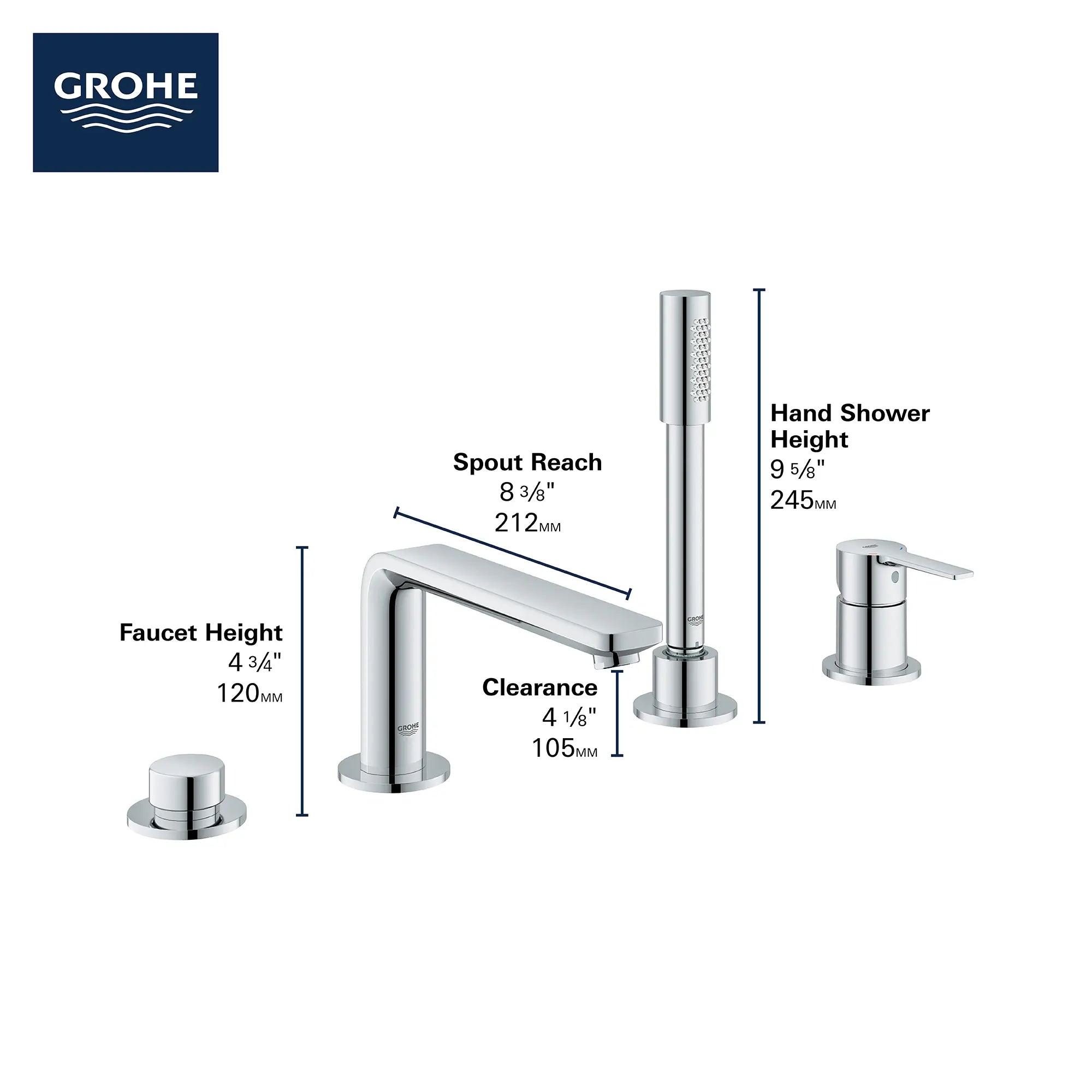4-Hole Single-Handle Deck Mount Roman Tub Faucet with 1.75 GPM (6.6 L/min) Hand Shower // GROHE STARLIGHT CHROME // 68979_2019_GROHE_Lineare_19577001_Infographic_1_0_CDNwebp.webp