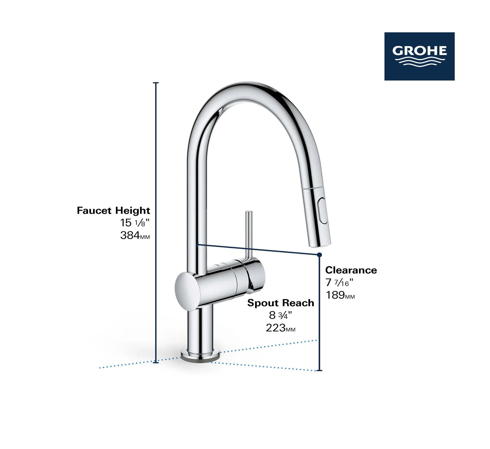 Single-Handle Pull Down Kitchen Faucet Dual Spray 1.75 GPM (6.6 L/min) with Touch Technology // GROHE STARLIGHT CHROME // 69012_GROHE_Minta_Kitchen_Faucet_31359_2_Infographics_2_0_CDNwebp.webp