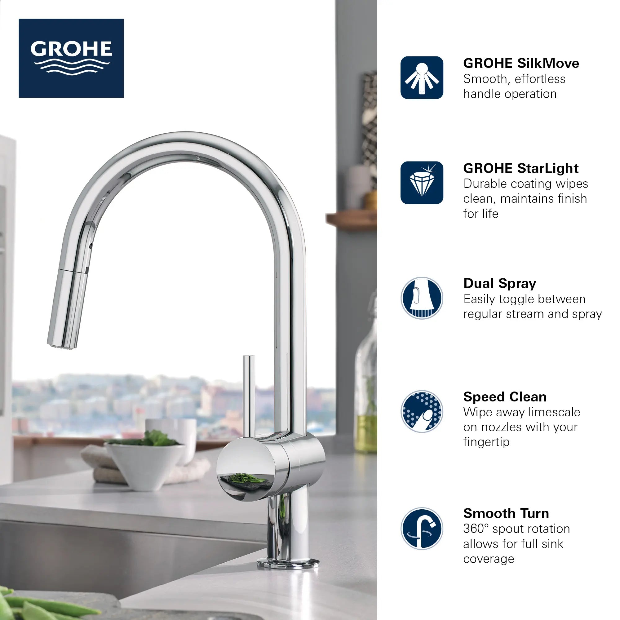 Minta Single-Handle Pull-Down Kitchen Faucet Dual Spray 1.75 GPM (6.6 L/min) // GROHE STARLIGHT CHROME // 69015_GROHE_Minta_Kitchen_Faucet_31378_Info_1_0_CDNwebp.webp