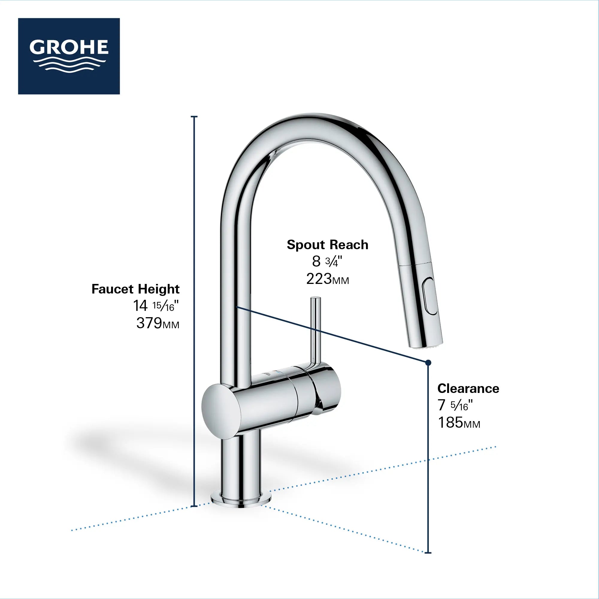 Minta Single-Handle Pull-Down Kitchen Faucet Dual Spray 1.75 GPM (6.6 L/min) // GROHE STARLIGHT CHROME // 69018_GROHE_Minta_Kitchen_Faucet_31378_Info_2_0_CDNwebp.webp