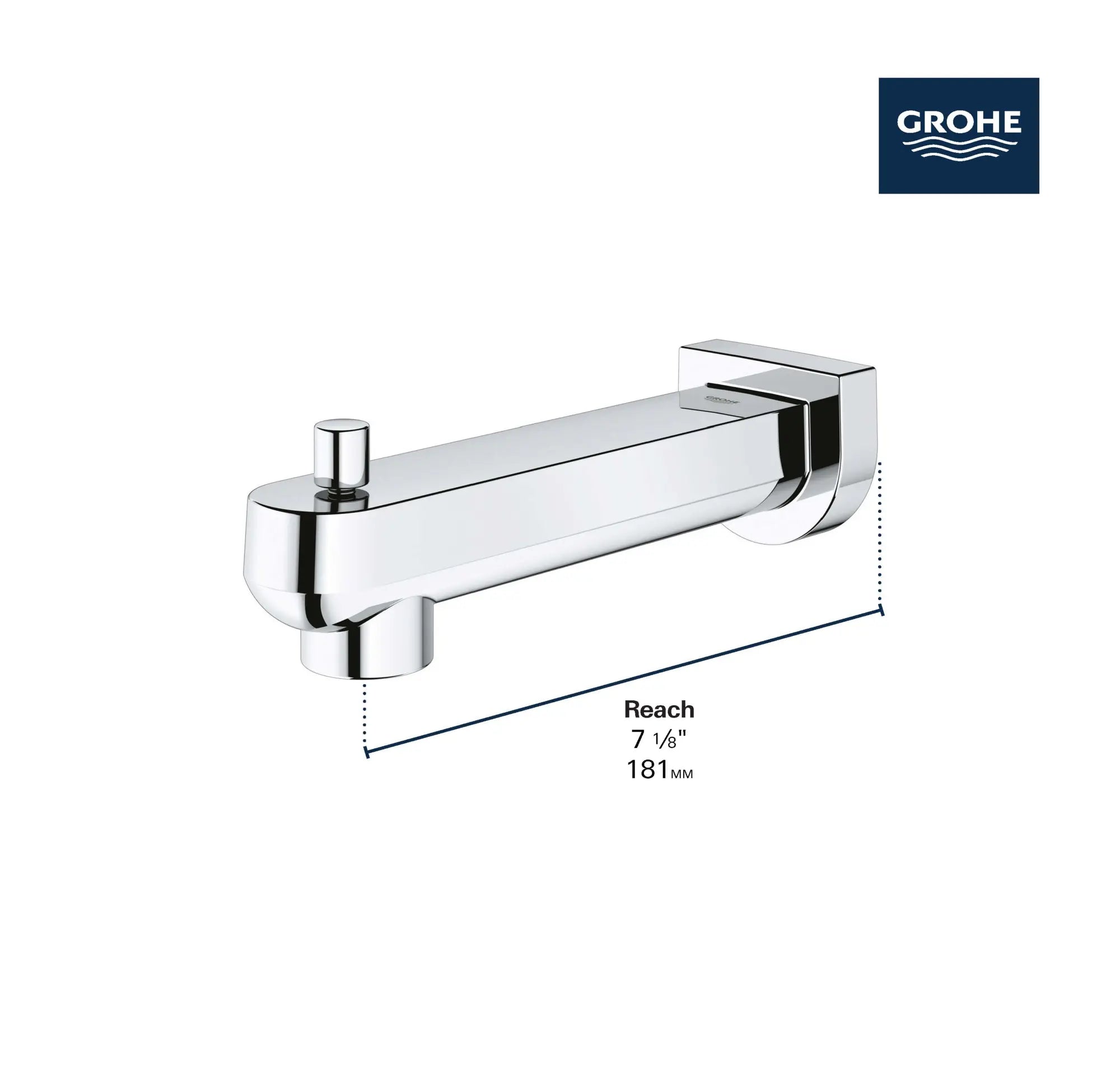 Diverter Tub Spout // GROHE STARLIGHT CHROME // 69034_GROHE_Plus_Tub_Spout_Dimensional_13407_3_Infographics_1_0_CDNwebp.webp