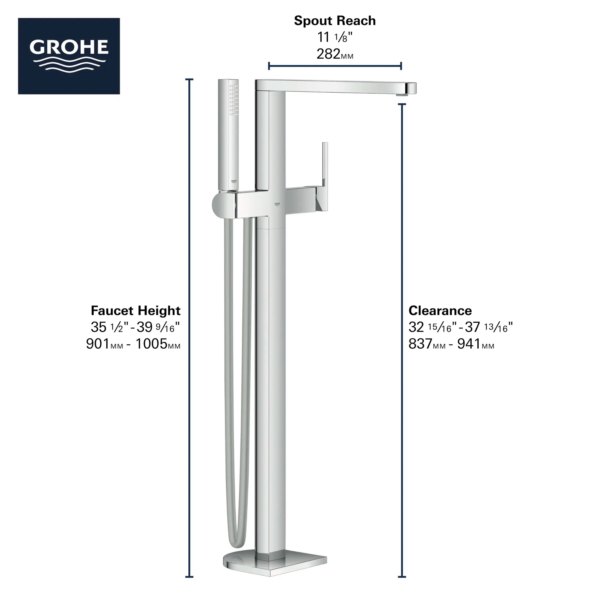 Single-Handle Freestanding Tub Faucet with 1.75 GPM (6.6 L/min) Hand Shower // GROHE STARLIGHT CHROME // 69038_GROHE_Plus_Bath_23846003_Info_F2_0_CDNwebp.webp