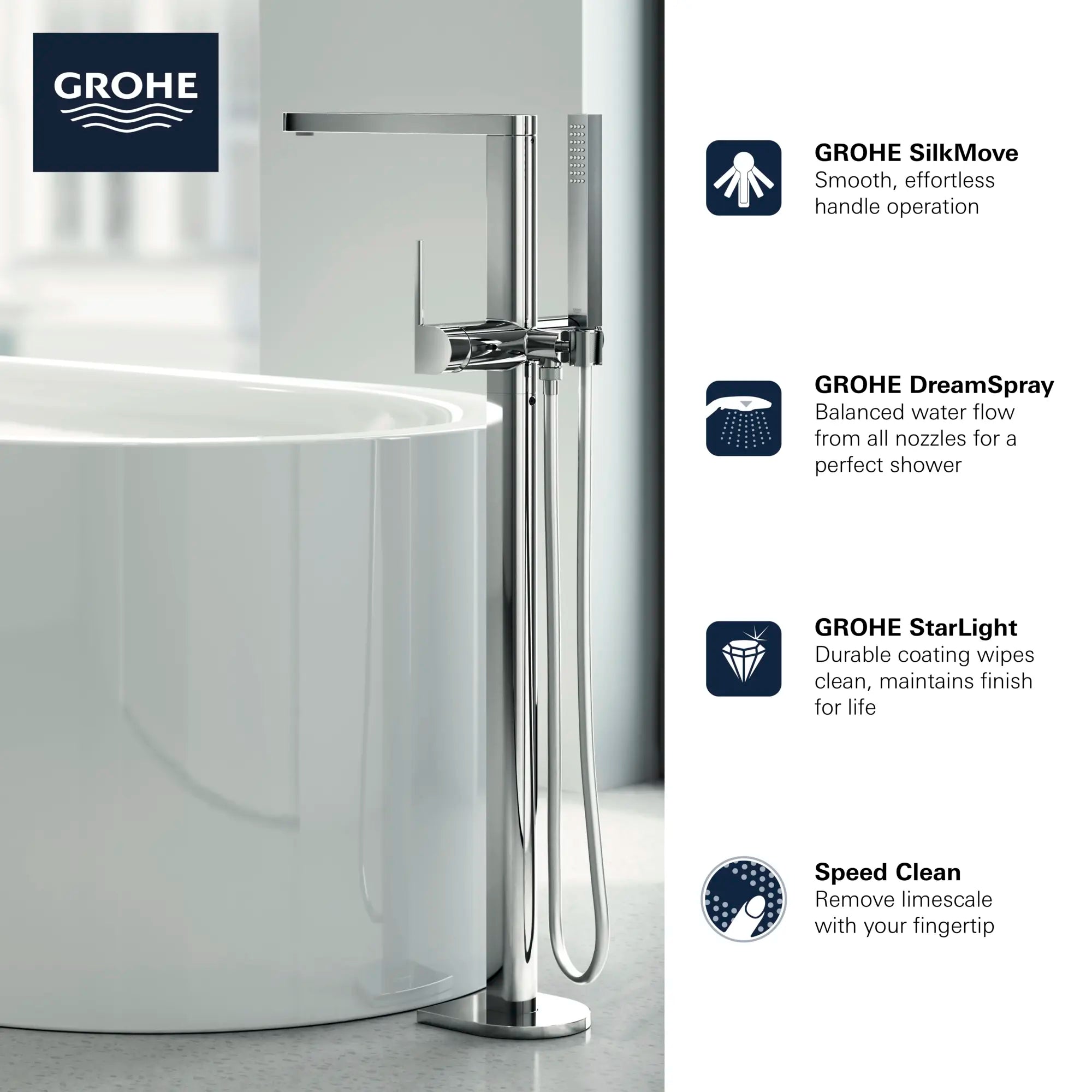 Single-Handle Freestanding Tub Faucet with 1.75 GPM (6.6 L/min) Hand Shower // GROHE STARLIGHT CHROME // 69040_GROHE_Plus_Bath_23846003_Info_F1_0_CDNwebp.webp