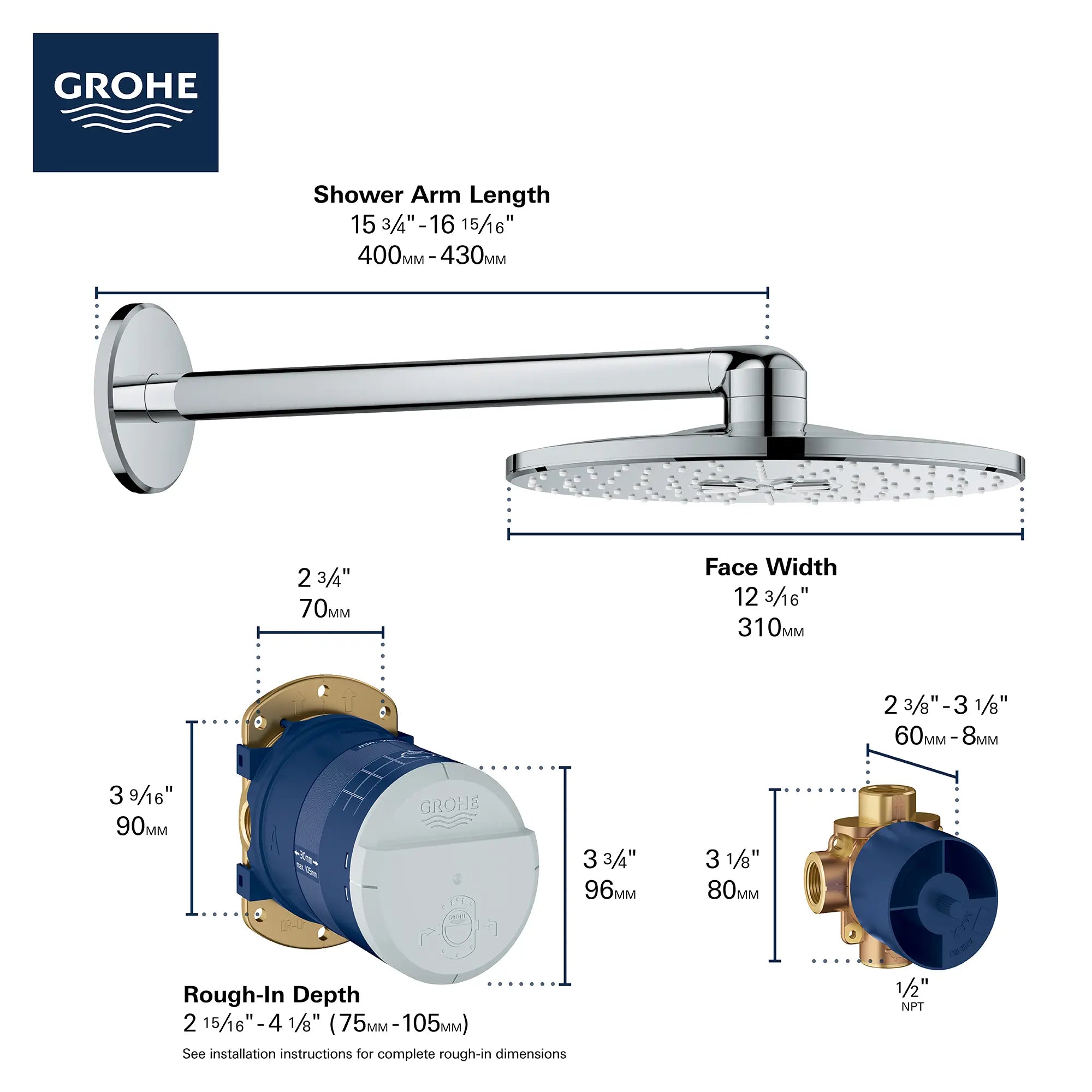 310 Shower Head Set, 12" - 2 Sprays, 1.75 GPM (6.6 L/min) // BRUSHED NICKEL INFINITYFINISH // 69052_2019_GROHE_Rainshower_SmartActive_26502000_Infographic_2_0_CDNwebp.webp