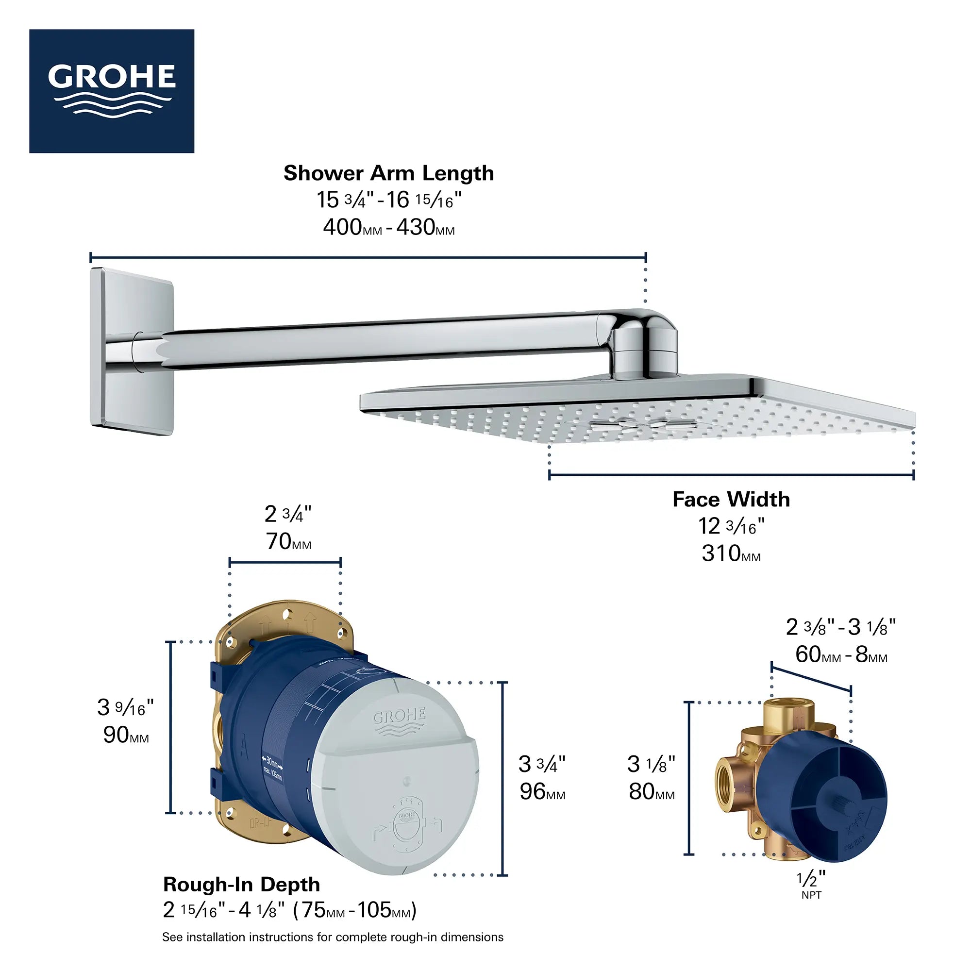 310 Shower Head Set, 12" - 2 Sprays, 1.75 GPM (6.6 L/min) // GROHE STARLIGHT CHROME // 69062_2019_GROHE_Rainshower_SmartActive_26504000_Infographic_2_0_CDNwebp.webp
