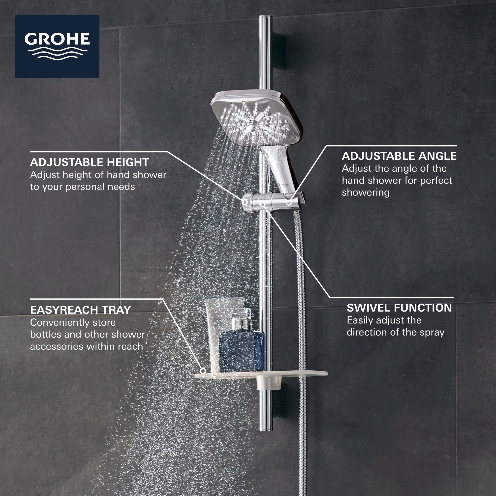 24" Shower Slide Bar Kit - 3 Sprays, 1.75 gpm (6.6 L/min) // GROHE STARLIGHT CHROME // 69115_GROHE_Info_SmartActive_HandShower_26585_F2_0_CDNwebp.webp