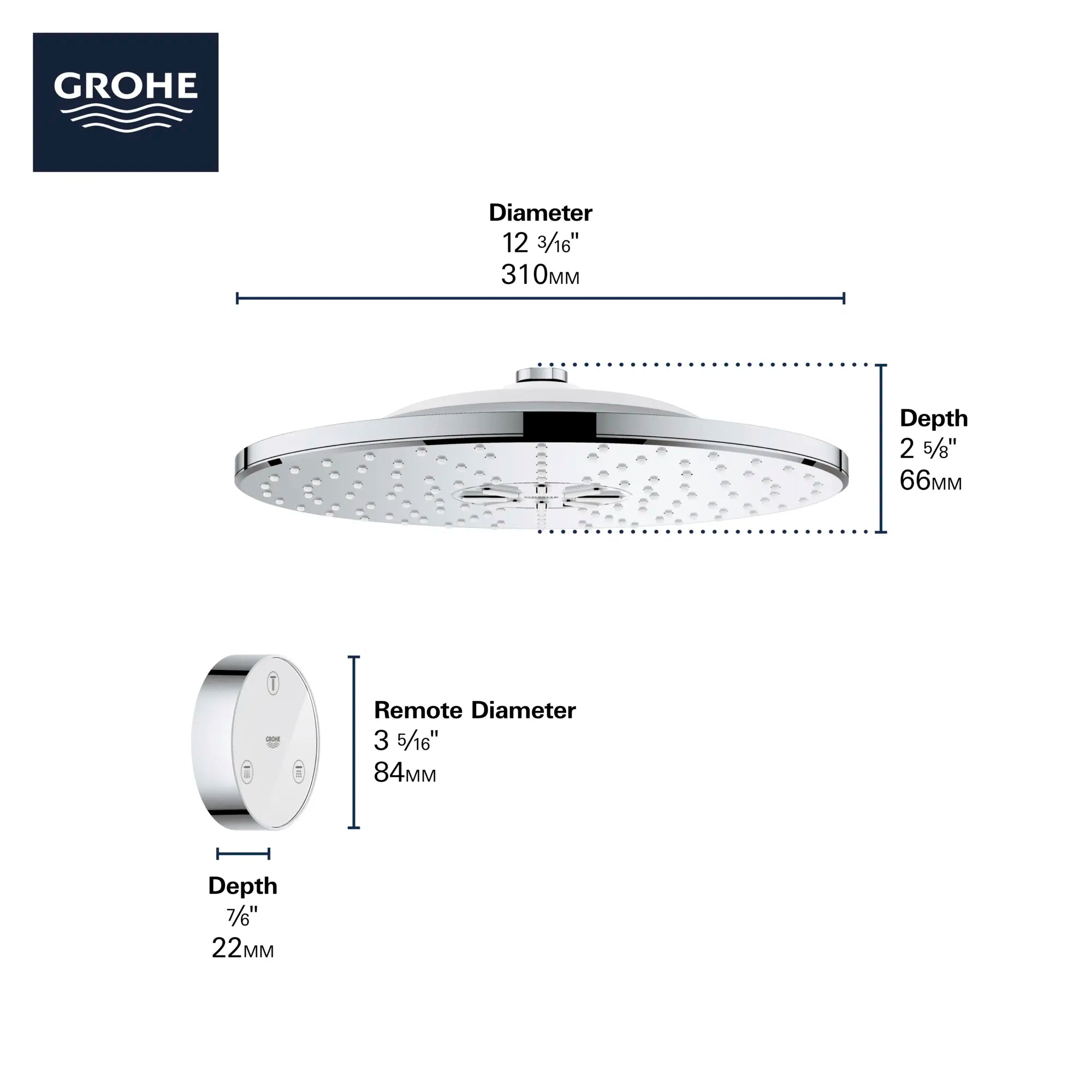 Shower Head with Remote, 12" - 2 Sprays, 1.75 GPM (6.6 L/min) // GROHE STARLIGHT CHROME // 69134_GROHE_SmartConnect_Shower_26644000_Infographics_2_0_CDNwebp.webp