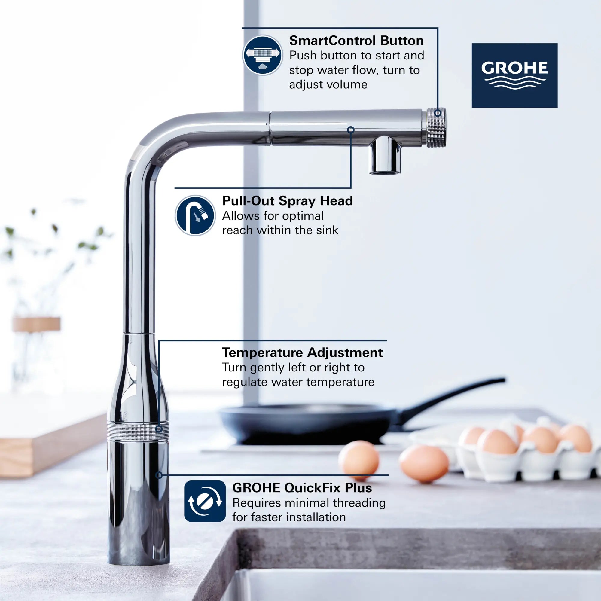 Essence SmartControl Pull-Out Single Spray Kitchen Faucet 1.75 GPM (6.6 L/min) // GROHE STARLIGHT CHROME // 69209_GROHE_SmartControl_Kitchen_31616_0_Faucet_Info_1_0_CDNwebp.webp