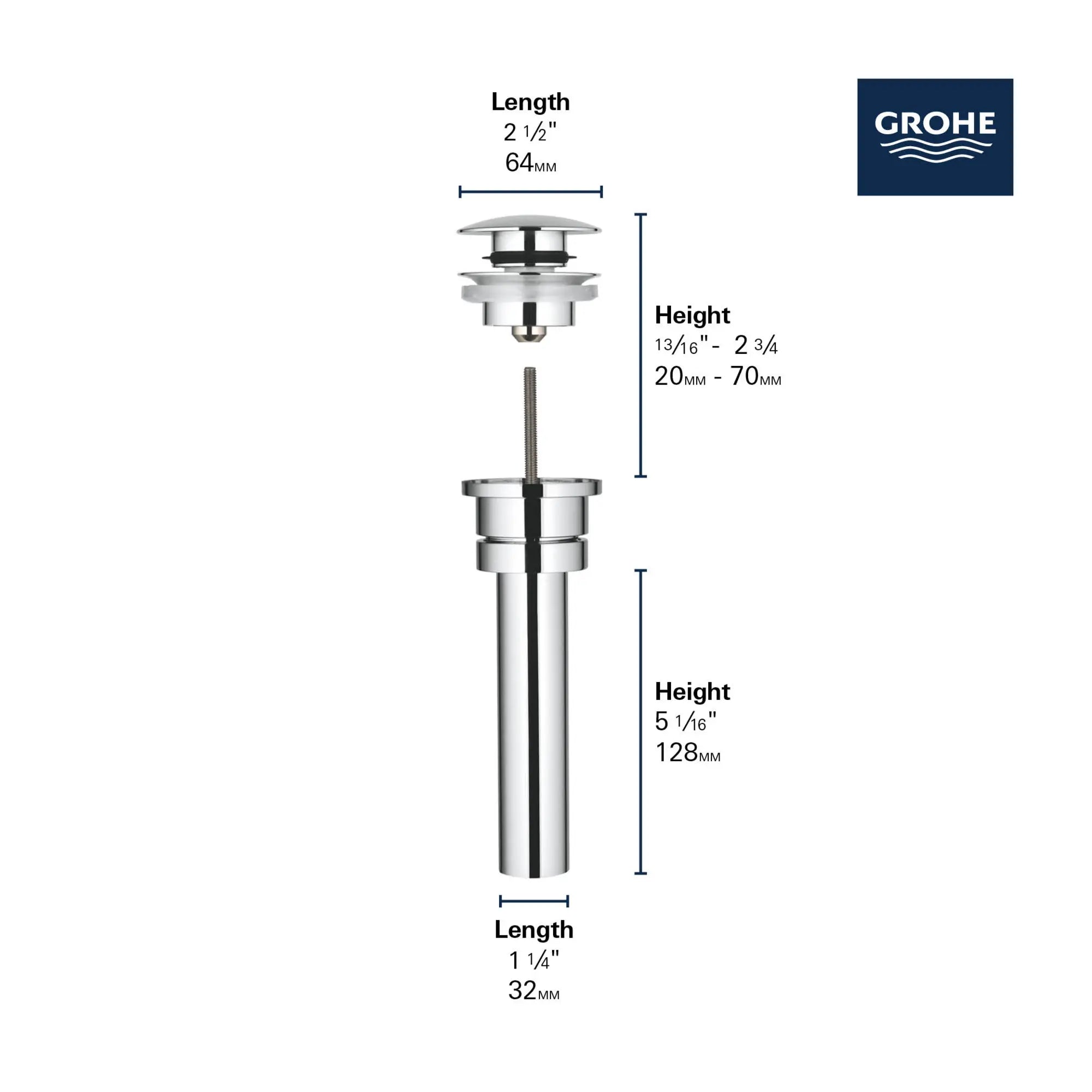 Pop-Up Waste Set (with overflow) // GROHE STARLIGHT CHROME // 69237_GROHE_Matte_Black_Launch_DIMENSIONAL_65818_0_Infographics_1_0_CDNwebp.webp