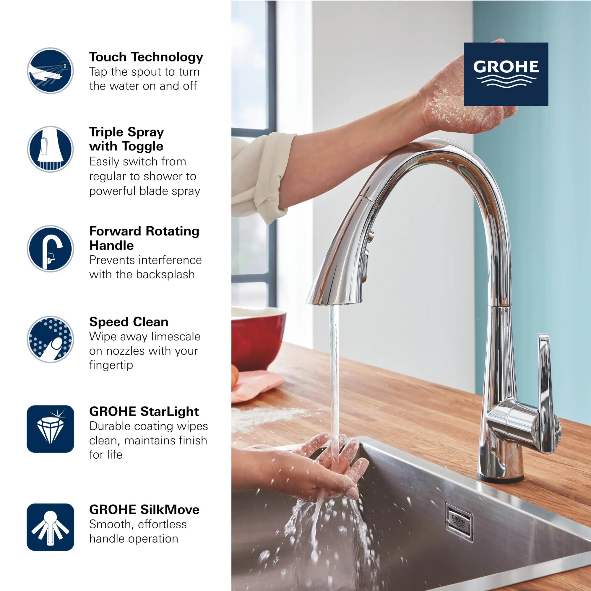 GROHE Zedra Single-Handle Pull Down Kitchen Faucet Triple Spray 1.75 GPM (6.6 L/min) with Touch Technology // GROHE STARLIGHT CHROME // 69268_GROHE_Zedra_30205_2_Infographics_1_CDNwebp.webp