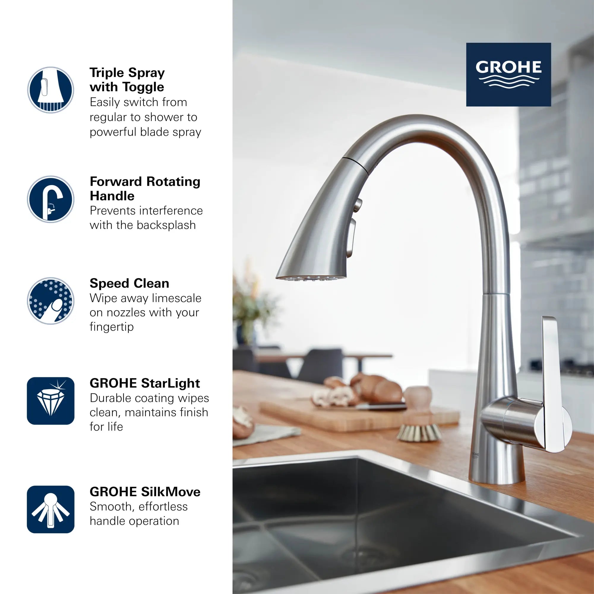GROHE Zedra Single-Handle Pull Down Triple Spray Bar Faucet 1.75 GPM (6.6 L/min) // GROHE STARLIGHT CHROME // 69272_GROHE_Zedra_30368_2_Infographics_1_CDNwebp.webp