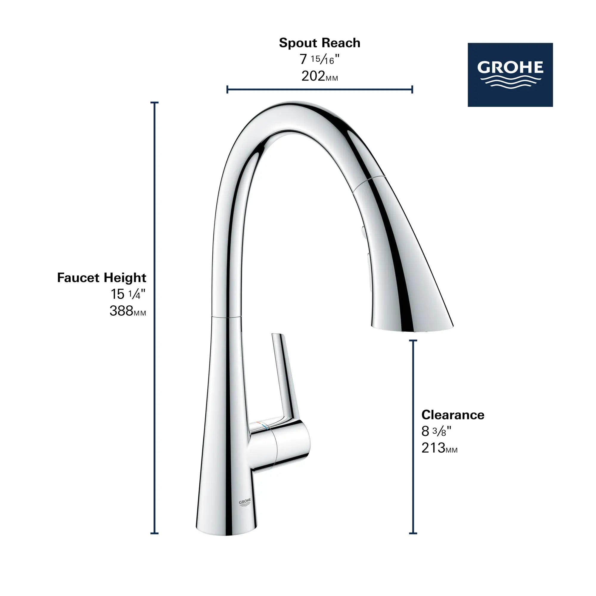 GROHE Zedra Single-Handle Pull Down Triple Spray Bar Faucet 1.75 GPM (6.6 L/min) // GROHE STARLIGHT CHROME // 69276_GROHE_Zedra_30368_2_Infographics_2_0_CDNwebp.webp