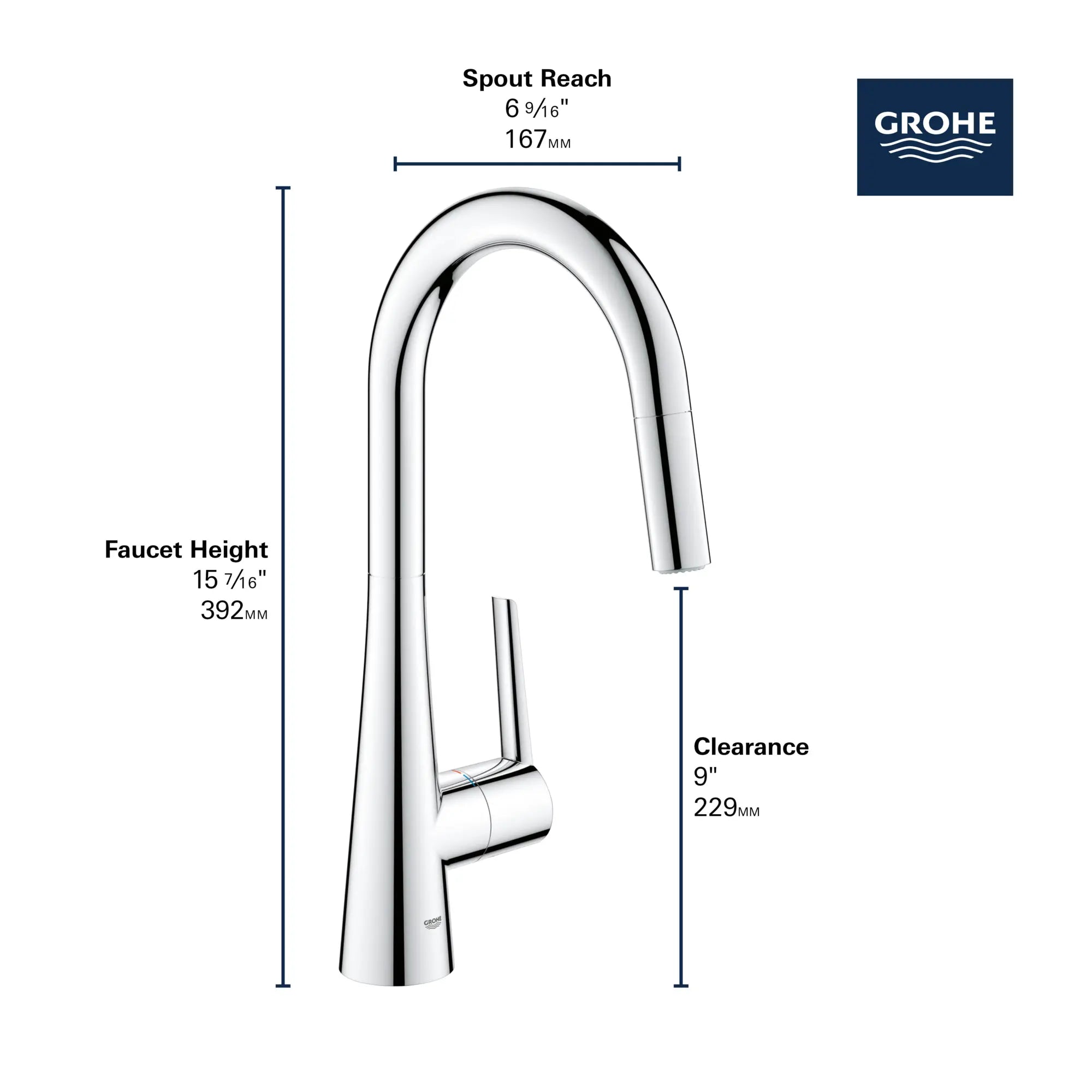 GROHE Zedra Single-Handle Pull Down Dual Spray Prep Faucet 1.75 GPM (6.6 L/min) // GROHE STARLIGHT CHROME // 69283_GROHE_Zedra_32283_3_Infographics_2_0_CDNwebp.webp