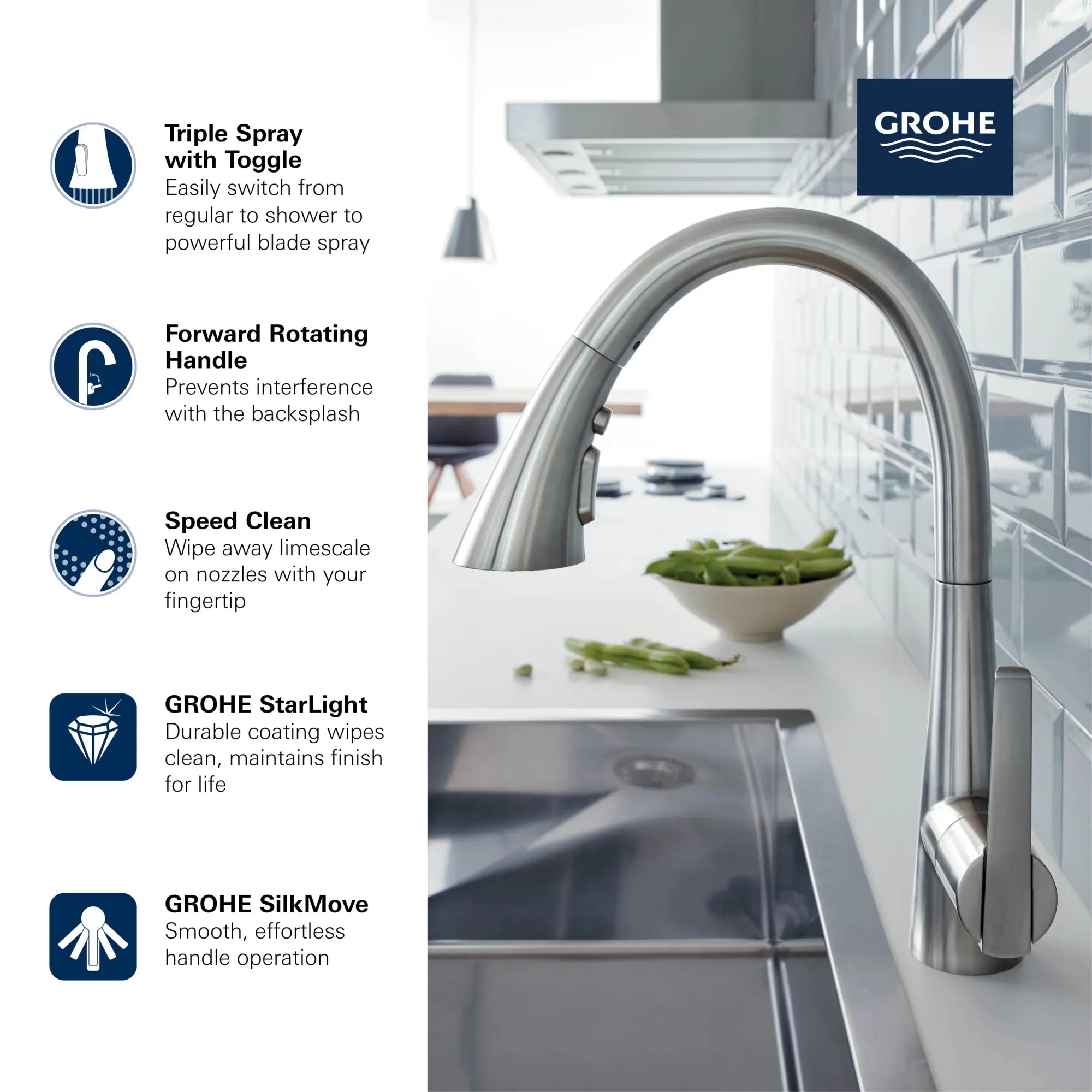 GROHE Zedra Single-Handle Pull Down Kitchen Faucet Triple Spray 1.75 GPM (6.6 L/min) // GROHE STARLIGHT CHROME // 69284_GROHE_Zedra_32298_3_Infographics_1_0_CDNwebp.webp