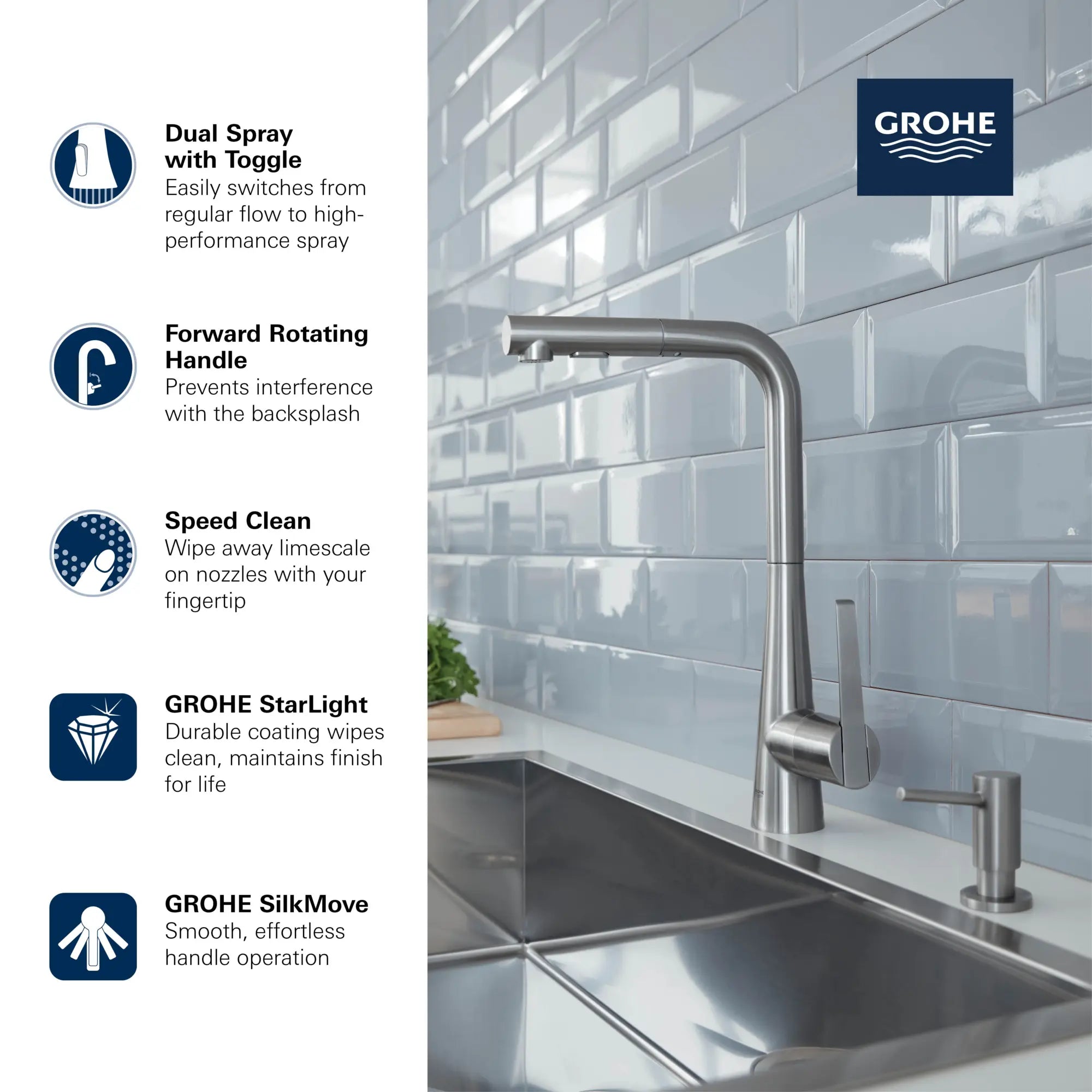 GROHE Zedra Single-Handle Pull-Out Kitchen Faucet Dual Spray 1.75 GPM (6.6 L/min) // GROHE STARLIGHT CHROME // 69285_GROHE_Zedra_33893_2_Infographics_1_CDNwebp.webp